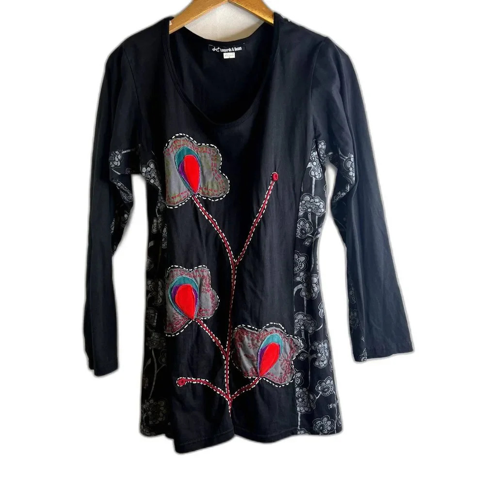 Leopards & Roses Embroidered Floral Black Tunic Size Small